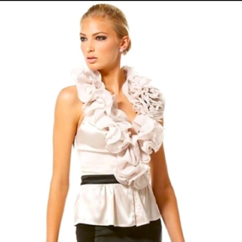 BEBE Farrah White Mesh Ruffle V-neck Swiss Dot Lace Halter Tank Top | Size XS
